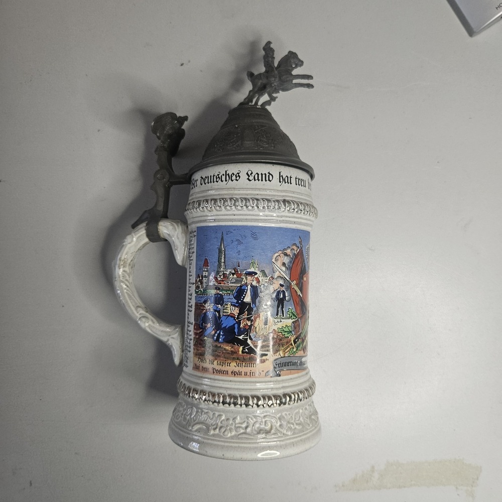 Vintage Simon‎ Gerz German Regimental Beer Stein Soldiers Ceramic Pewter Lid